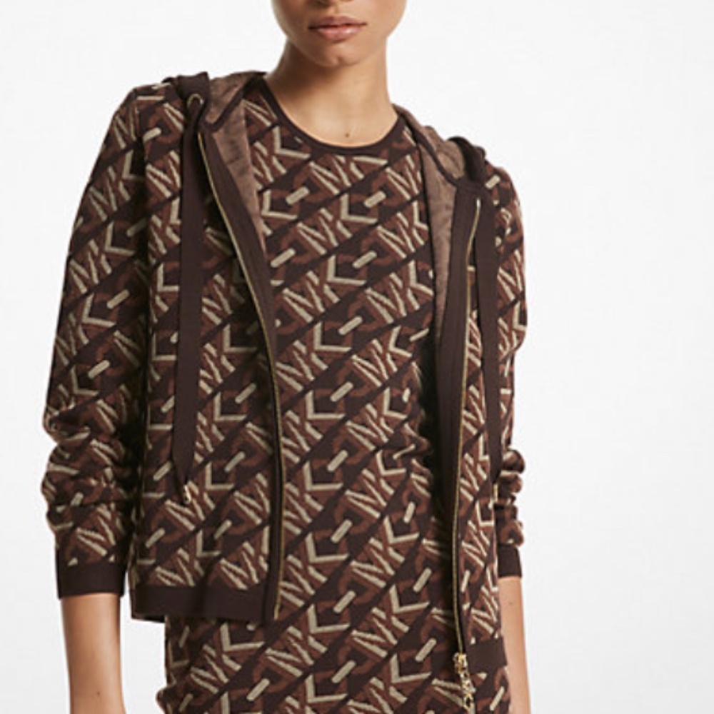 New🤎Michael Kors Brown Empire Signature Logo Jacquard Zip-Up Hoodie
